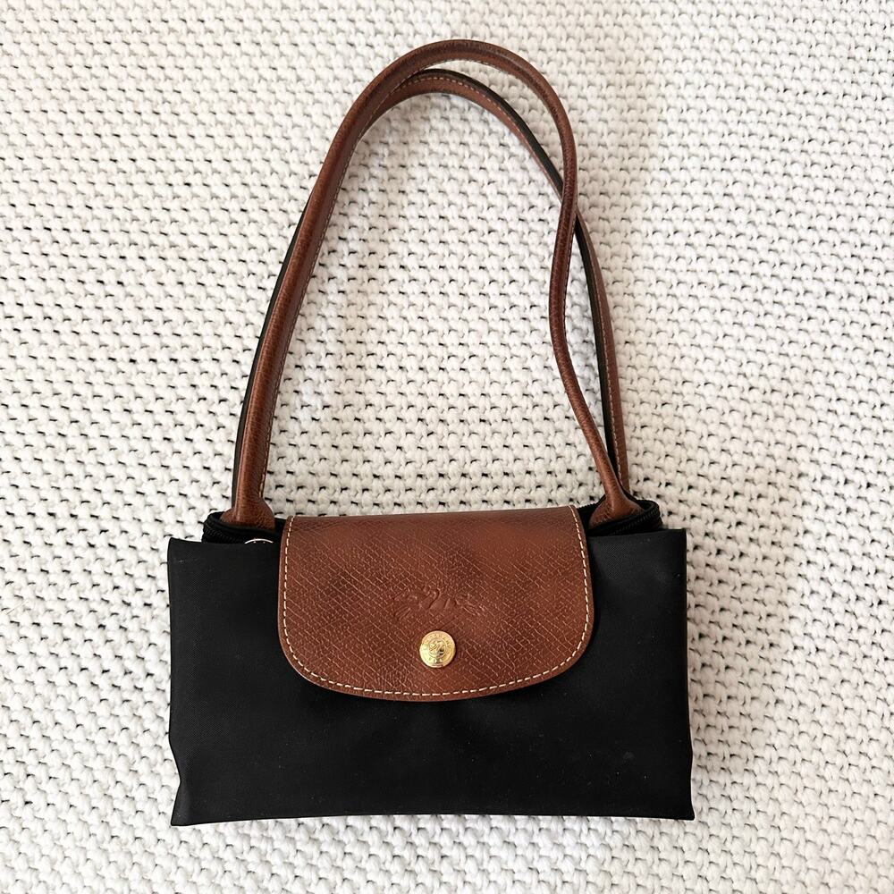 Longchamp Black Medium Tan Leather Trim Long Strap Pliage Foldable Tote